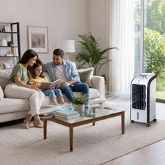 Portable Evaporative Air Cooler with Humidifier – 4L Tank, Remote Control, 2 Ice Packs, 3 Speeds, 7.5-Hour Timer, Auto Swing, Bedroom Room Cooler with Wheels