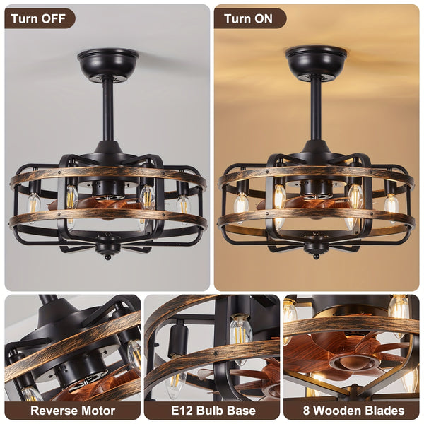45.72cm Vintage Industrial Ceiling Fan with Light Remote Control, Reversible Black Caged Farmhouse Flush Mount Silent Motor, 3 Speeds Timer Ceiling Fan Light, for Dining Room Bedroom Farmhouse Kitchen