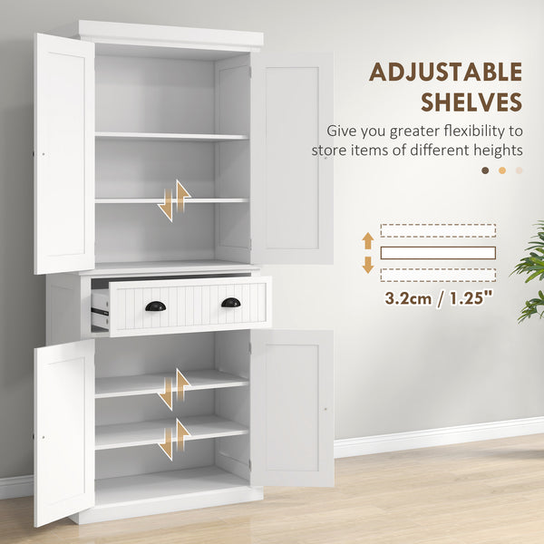 183 cm Tall Kitchen Cabinet, Freestanding Storage Cabinet with 4 Doors, Drawer and Adjustable Shelves, Kitchen Cupboard for Dining Room, White