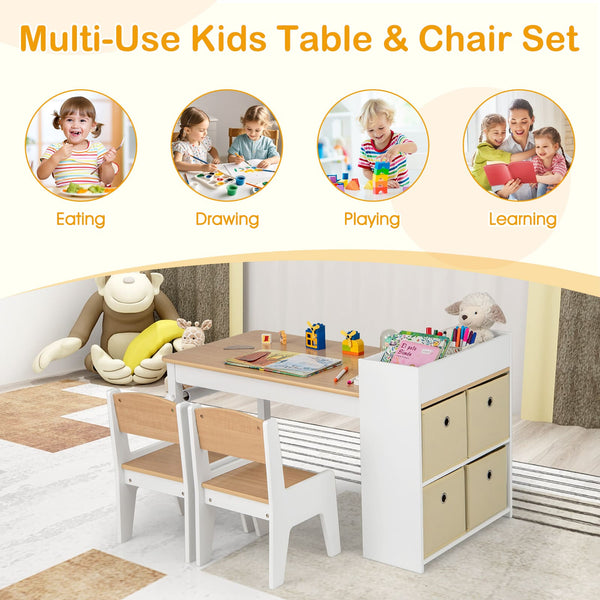 GYMAX Kids Art Table and Chair Set, Kids Craft and Play Table with Paper Roll, Storage Bins and 2 Chairs, Toddler Activity Table Desk Set for Drawing, Painting, Reading, Learning, Natural