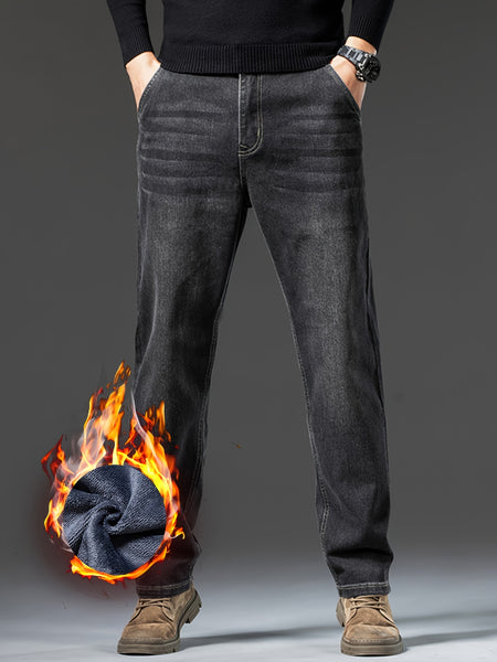 Men's Heavy-Themed Winter Light Business Casual Pants - Thickened Warm Washed Denim, Loose-Fit Mid-Rise with Internal Zipper Closure, Solid Color for Professional & -Casual Wear (Machine Washable)
