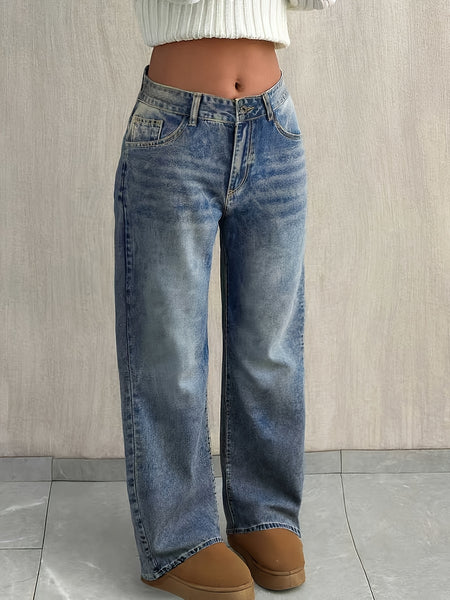 Women'S Y2K Street Style Straight Leg Jeans for Winter - Casual Denim Pants for in Retro Vintage Blue
