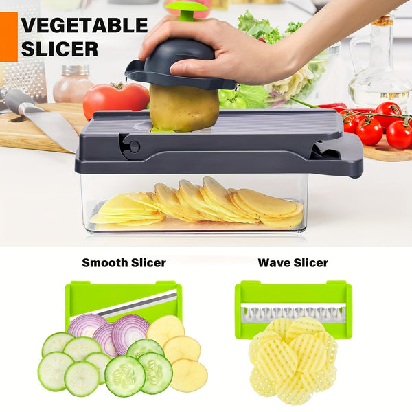 16-In-1 Multifunctional Kitchen Vegetable Slicer with a Container, Suitable for Onions, Carrots, Garlic, And Includes a Non-Rechargeable Plastic Tool Set with a Drainage Basket