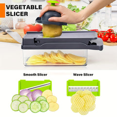 16-In-1 Multifunctional Kitchen Vegetable Slicer with a Container, Suitable for Onions, Carrots, Garlic, And Includes a Non-Rechargeable Plastic Tool Set with a Drainage Basket