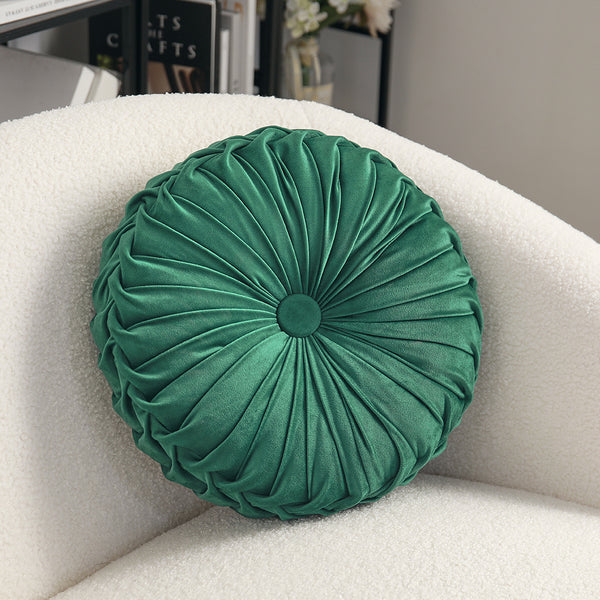 2pcs Premium Round Velvet Pumpkin-Inspired Pleated Waist Bolster Cushions in Dark Green - Exceptionally Plush & Chic Decorative Throw Pillows, Perfect for Sofa, Chair & Floor | Essential Soft Accent Pillows to Instantly Upgrade Easter & Home Decor (Size: