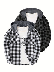2pcs Men's New York Fashion Trendy Plaid Shirt Hoodie, Plaid Pullover Sweatshirt Flannel Hoodie