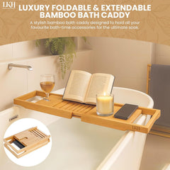 LKH Expandable Bamboo Bath Caddy Bridge Bathtub Organizer with Book Rest Wine Glass Holder and Tablet Support Tray for Home Spa Experience Fits Most Bath Sizes