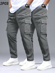 Men's 2pcs Cargo Pants with Drawstring Waist and Multiple Pockets, Suitable for Outdoor Casual Wear