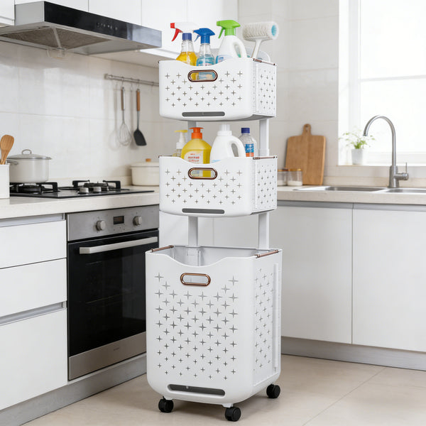 Three-Tier Laundry Basket with Wheels and Handle, Collapsible and Foldable Plastic Clothes Storage Bin, Portable Bathroom Storage Rack, Multifunctional Kitchen Organizer Basket. Compact Design, Sturdy and Durable. Dimensions: 39cm W x 29cm D x 115cm H.