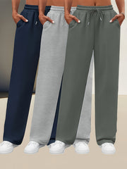 3pcs Women's Solid Color Oversized Jogger Pants with Elastic Drawstring Waist - Loose-Fit Polyester Track Pants Suitable for,, & Casual Attire - Machine Washable Casual Wear (Year-Round)