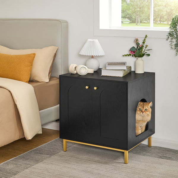 Feline Storage Unit, Cat Waste Container, Feline Waste Storage, Pet Shelter with Entrance, Wooden Side Table for Pet Shelter, 50 X 60 X 61 Cm, Durable Feline Storage Unit, Black And Golden