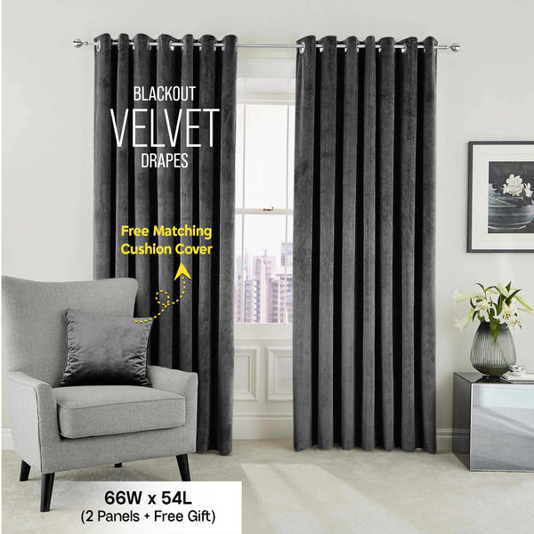 2pc Luxury Velvet Curtain Panels with Free Matching Velvet Cushion Cover – Thermal Insulated Grommet Top Drapes, Energy Saving Curtain Panels for Bedroom & Living Room Home Decor, Perfect Holiday Gift