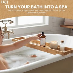 LKH Bamboo Wooden Bath Caddy Tray - Strong & Durable, Prevents Spills, & Water-Resistant Bathtub Tray for Across the Bath | Luxury Bath Shelf for Relaxation, Reading & Drinking - Gift Idea