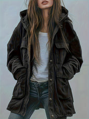 Women's Heavy-Duty -Style Hooded Jacket - All-Season Thick Winter Coat with Multi-Pocket Design, Olive Green Workwear Outerwear, Hood for Casual & (Machine Washable)
