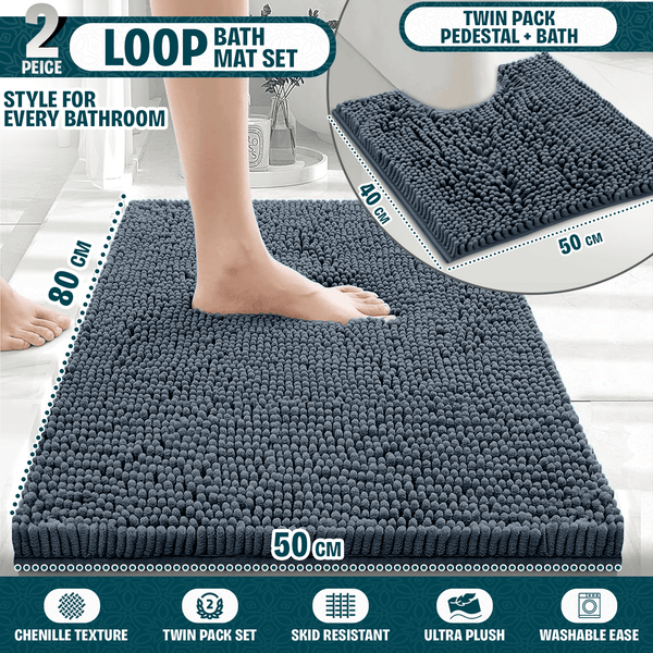 2-Piece Loop Bathroom Mat Set | Soft Chenille Microfiber Rugs with Non-Slip Backing | Machine Washable | Includes 50x80cm Bath Mat & 50x40cm Pedestal Mat | Stylish, Comfy & Durable | UK STOCK | LOCAL WAREHOUSE