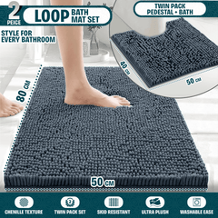 2-Piece Loop Bathroom Mat Set | Soft Chenille Microfiber Rugs with Non-Slip Backing | Machine Washable | Includes 50x80cm Bath Mat & 50x40cm Pedestal Mat | Stylish, Comfy & Durable | UK STOCK | LOCAL WAREHOUSE