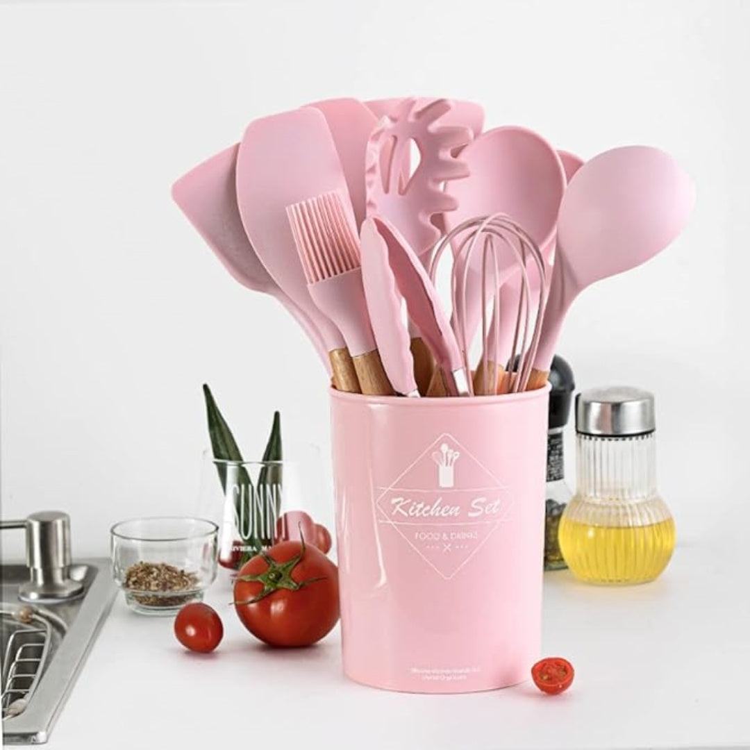 12pcs Spatula Spoon Cooking High Temperature Resistant Food Grade Silicone Household Kitchenware Spoon Spatula Set, Pink