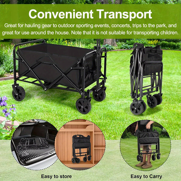 Large Heavy- Duty Folding Wagon- with All- Terrain Wheels, Utility Grocery Wagon, with Two Side, Sturdy Construction, Rolling Storage Cart for Camping, Shopping, Gardening & Outdoor Activities 70.1x39.12x44.96cm