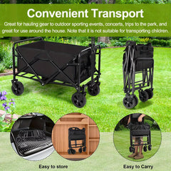 Large Heavy- Duty Folding Wagon- with All- Terrain Wheels, Utility Grocery Wagon, with Two Side, Sturdy Construction, Rolling Storage Cart for Camping, Shopping, Gardening & Outdoor Activities 70.1x39.12x44.96cm