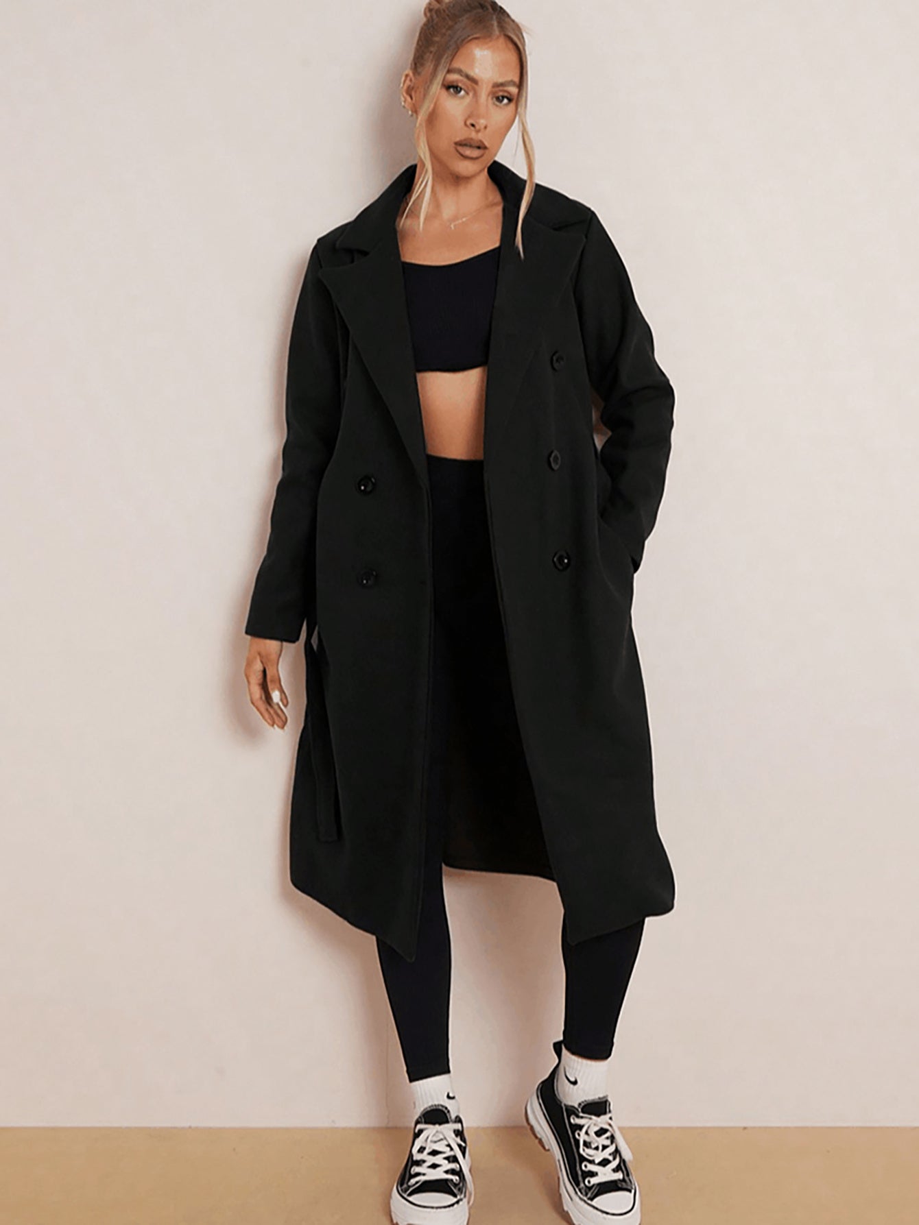 Women's Classy Solid Color Double Breasted Detachable Belted Pocket Pea Coat, Lapel Neck Long Sleeve Outerwear for Fall & Winter