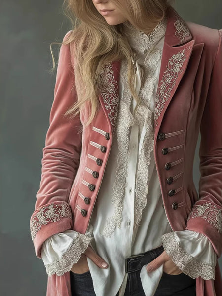 2026 Women'S Autumn Winter Long Sleeve Solid Color Patchwork Lace Golden Velvet Jacket European American Style