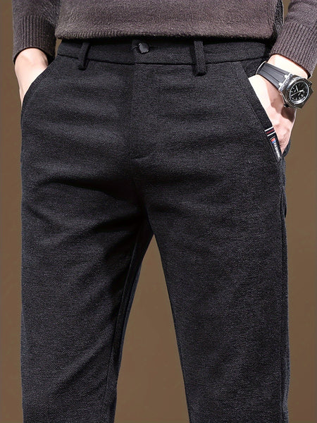 Autumn/Winter Men's Warm Casual Pants, Business Casual Slim-Fit Chenille Trousers, Solid Color