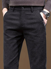 Autumn/Winter Men's Warm Casual Pants, Business Casual Slim-Fit Chenille Trousers, Solid Color