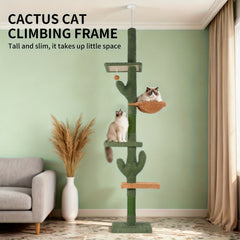 Cactus Cat Tree Floor to Ceiling Cat Tower with Adjustable Height 229Cm-275Cm, 4 Tiers Cat Climbing Activity Center with Cozy Hammock, Platforms And Dangling Balls, Green