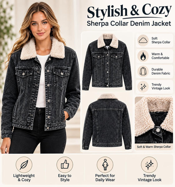 Women'S Black Denim Jacket with Sherpa Collar, Fleece Lined Jean Trucker Jacket, Warm Button Up Long Sleeve Winter Coat, Casual Vintage Denim Outerwear with Pockets