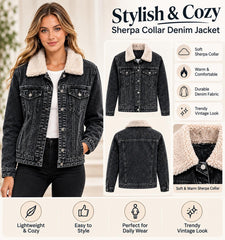 Women'S Black Denim Jacket with Sherpa Collar, Fleece Lined Jean Trucker Jacket, Warm Button Up Long Sleeve Winter Coat, Casual Vintage Denim Outerwear with Pockets