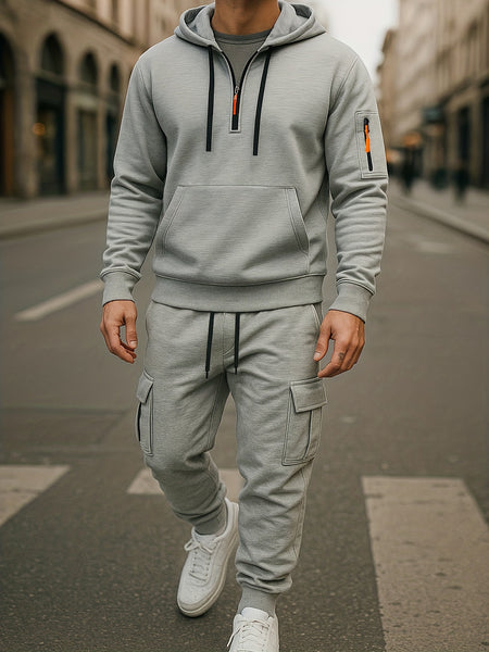 Fashion Street Style Set, Casual Versatile Jacquard Hooded Sweatshirt And Long Pants 2pcs Outfit, Men'S Clothing