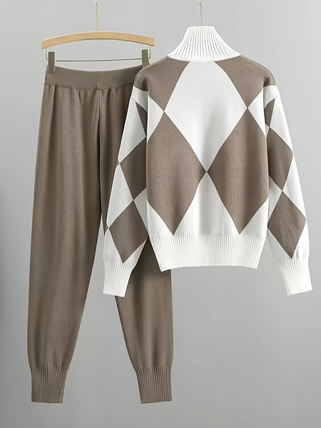 Women's Fashionable Plaid Sweater Set, New Autumn/ winter Style, Casual Plaid Two-piece Sweater Set, Drawstring Elastic Waist, Side Pockets, Suitable for Autumn/ winter Casual Wear and Daily Commuting, Combining Fashion and Warmth.