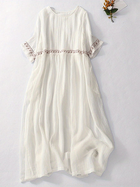 Women'S Long Dress, Elegant Short Sleeve Crew Neck Embroidered Loose Summer Casual Dress
