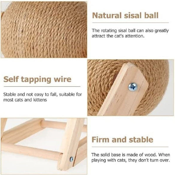 Sisal Ball Cat Scratching Board, Cat Hole Design, Triangular Support Board, Wear-Resistant Cat Scratching Ball Can Be Rotated, Cat Scratching Ball,Relief of Boredom Toys, Natural Wood