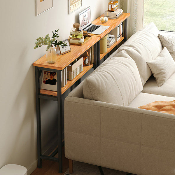 Minimalist Wooden Console Table - Slim Wall-Mounted Single/Double Tier Entryway Shelf with Carbon Steel Frame, Space-Saving Narrow Hallway Table, Bedroom/Living Room Table (80x20cm, MDF Wood + Black/White Metal)