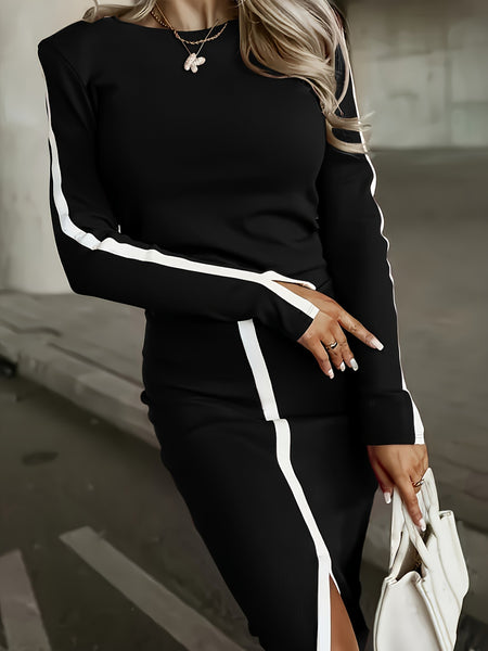 Ladies' Solid-color Slit 2pcs Dress Set ( Style) - This Sleeveless, Fitted Design with a High-waist Slit and Textured Is Perfect for Autumn and Winter, and Is an Excellent Choice for Office Casual Wear.