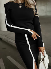 Ladies' Solid-color Slit 2pcs Dress Set ( Style) - This Sleeveless, Fitted Design with a High-waist Slit and Textured Is Perfect for Autumn and Winter, and Is an Excellent Choice for Office Casual Wear.