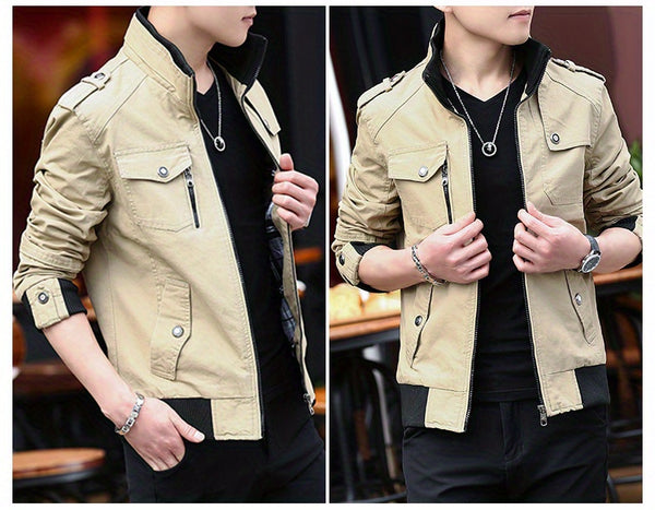 Men'S Solid Color Plaid Lining Cargo Jacket Autumn And Winter Multi-Pocket Design Stylish Long Sleeve Stand Collar Street Jacket Outdoor Coat Locomotive Jacket