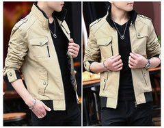 Men'S Solid Color Plaid Lining Cargo Jacket Autumn And Winter Multi-Pocket Design Stylish Long Sleeve Stand Collar Street Jacket Outdoor Coat Locomotive Jacket