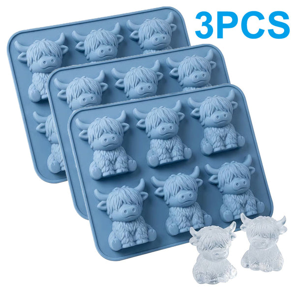 3pcs Mini Highland Cow Ice Cube Trays with 6-Cavity Reusable Silicone Mold Suitable for Whiskey, Cocktails, Chocolate & Candy Making, Adorable Scottish Cow Shaped Ice Cubes for Parties, Picnics, Dessert Molds