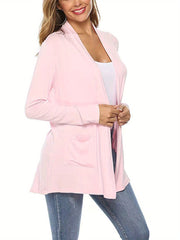 Women Simple Style Cardigan, Solid Color Long Sleeve Knitwear with Pockets, S/ M/ L/ XL/ XXL