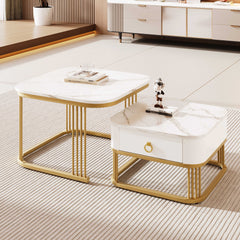 Modern Pedestal Base Space Saving Coffee Table Set of Two, Engineered Wood and Artificial Board Construction, Hardwood, Black Finish, High Gloss Stone Table Top, Metal Golden Accents, with Drawer, Without Electricity, Battery Free.