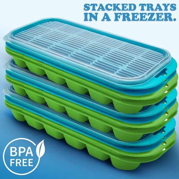 4 x Set of Ice Cube Tray with Lid Jelly Maker Ice Cube Tray | Non-Spill Stackable Lids - Ice Mould Dishwasher Safe BPA Free- 25.5cm Long, 11.5cm Wide, and 3cm deep