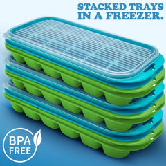4 x Set of Ice Cube Tray with Lid Jelly Maker Ice Cube Tray | Non-Spill Stackable Lids - Ice Mould Dishwasher Safe BPA Free- 25.5cm Long, 11.5cm Wide, and 3cm deep