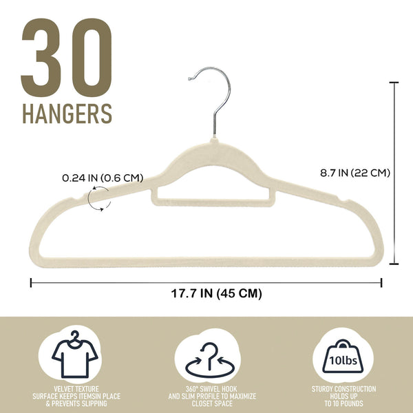 Velvet Hangers 30 Pack - Non-Slip Clothes Hangers with Tie Bar & 360° Hook - Durable & Sturdy, Space-Saving Wardrobe Organisers for Suits, Jackets & Clothes
