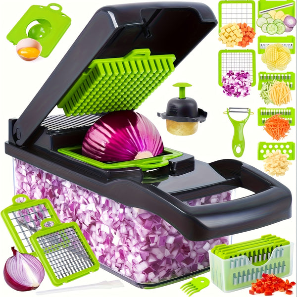 16-In-1 Multifunctional Kitchen Vegetable Slicer with a Container, Suitable for Onions, Carrots, Garlic, And Includes a Non-Rechargeable Plastic Tool Set with a Drainage Basket