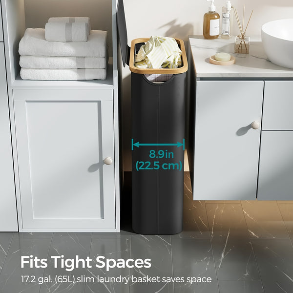 1pc 60L Slim Tall Laundry Hamper with Lid & Removable Bag - Collapsible Foldable Clothes Basket Suitable for Bedroom, Bathroom, Dorm - Modern Dirt- Clothes Bin with Bamboo Handle, Space-Saving Storage, Laundry Baskets