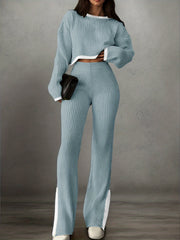 Women'S Short Color-Blocked Long-Sleeve Top with Solid Color Pants, a Casual And Stylish Outfit for Christmas