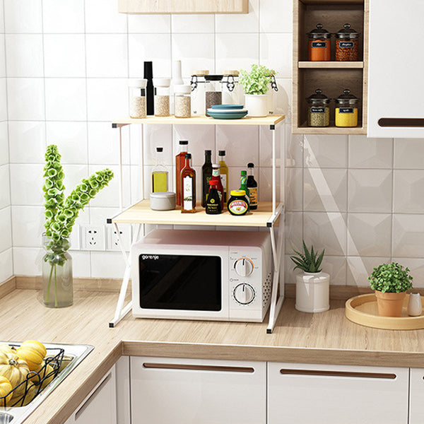 2-Tier Microwave Oven Shelf Stand, Kitchen Countertop Storage Rack Spices Rack Freestanding, Home Office Printer Stand Multifunctional Unit Shelving Wood Top Metal Frame