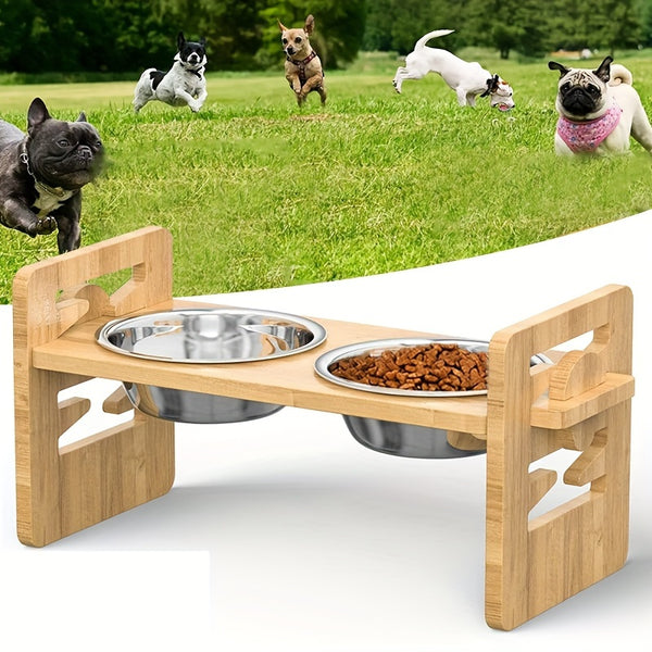 Stainless Steel Double Bowl Feeding Station with Non-Slip Bamboo Base - Ergonomic Design for Easy Access, Perfect for Dogs and Cats, Pet Feeding Station, Pet Food Storage, Modern Petware, Durable Petware